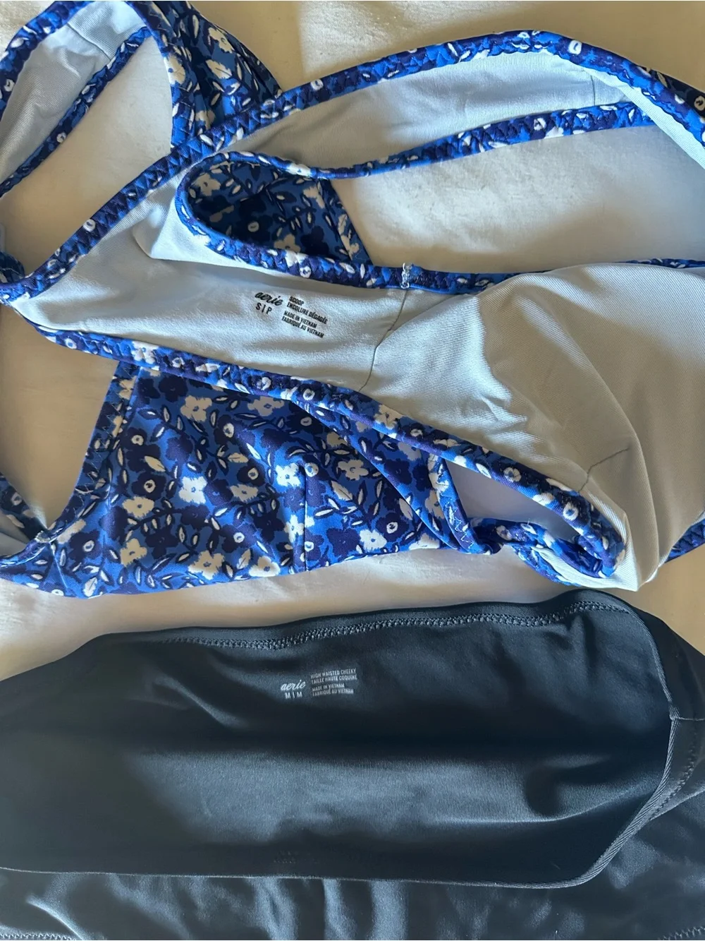 AERIE Swim Set with Blue Floral Triangle Top & Black High-Waist Bottom - Picture 5 of 5